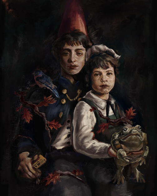 Greg and Wirt have never looked…more forlorn? Portrait of the two brothers from Over the Garden Wall modeled after “Brother and Sister” by Abbott Thayer. Printed on pearl linen card stock. Available in 11x14, 8x10 and 5x7.