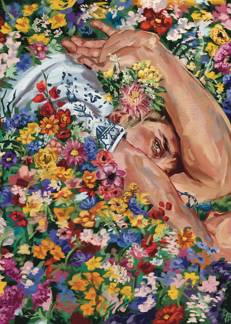 A suffocating portrayal of Dani being slowly encased in flowers from the folk horror Midsommar. Based on Sir Lawrence Alma-Tadema’s “Roses of Heliogabalus” (1888).