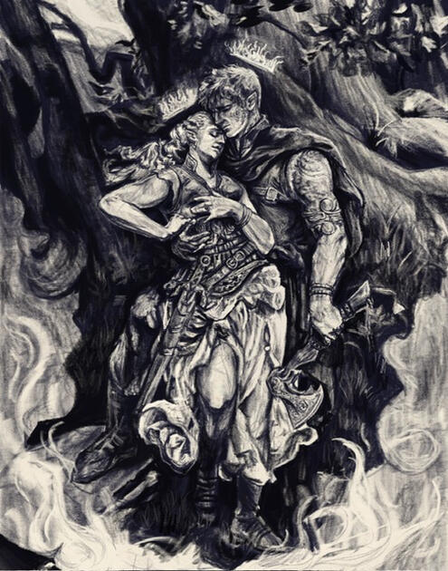 A tender depiction of the love between Rowan and Aelin, characters from the popular TOG novels, caught in a gentle embrace. Based off of ”Wolton’s Farewell to Brunhilde” by Konrad Dielitz (1892)