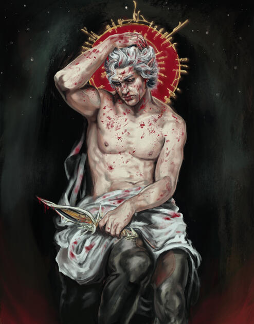 An emotional depiction of the vampiric elf Astarion from Baldur’s Gate III. Based on Guillarme Geef’s “Le Genie du Mal” (1848).