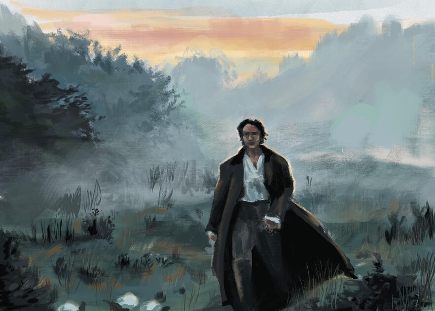 A dreamy depiction of Mr Darcy walking towards you across a misty, cold field, just as the sun peeks over the trees.