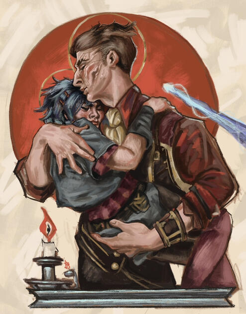 A dramatic depiction of Silco and Powder from Arcane as “Modern Madonna and Child” by JC Leyendecker (1922)