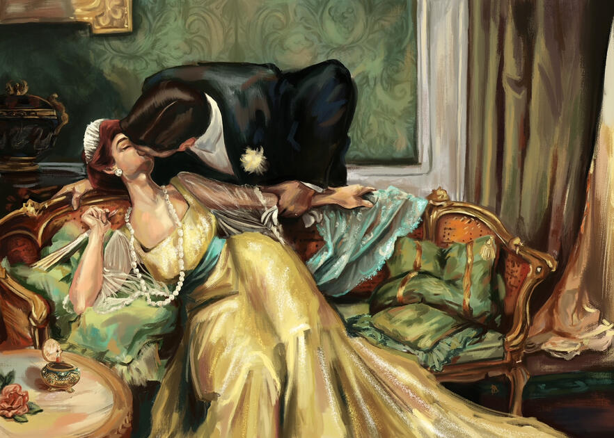 A sizzling depiction of Anastasia and Dimitri stealing a kiss. Based on “Vertige” by Hubert-Denis Etcheverry (1903).