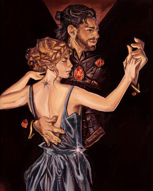 A simmering portrayal of Nesta and Cassian, characters from the popular ACOTAR series, before they begin their dance in the Court of Nightmares. Based on JC Leyendecker’s “Arrow Collar Advertisement Dancing Couple” (1923)