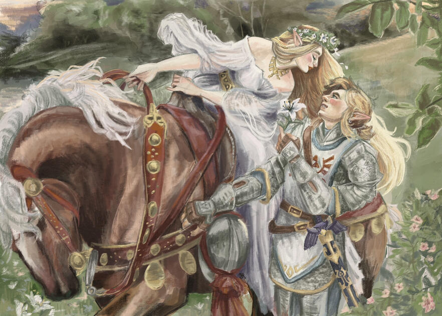 A romantic depiction of the Hero of Time and his princess, in a rendition of Frank Dicksee’s “La Belle Dame sans Merci” (1901)