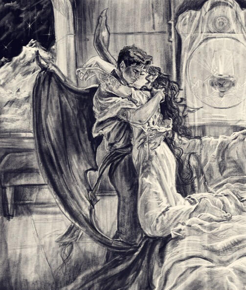 A tender depiction of the love between Rhysand and Feyre, characters from the popular ACOTAR novels, caught in a gentle embrace. Based off of “Romantic Encounter” (1864) by Mihály von Zichy.