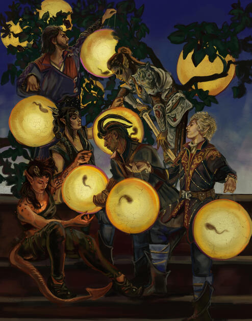 Based on Maxfield Parrish’s “The Lantern Bearers” (1908), this piece depicts the physical burden of the cast of Baldur’s Gate 3 carrying the Illithid Tadpoles.