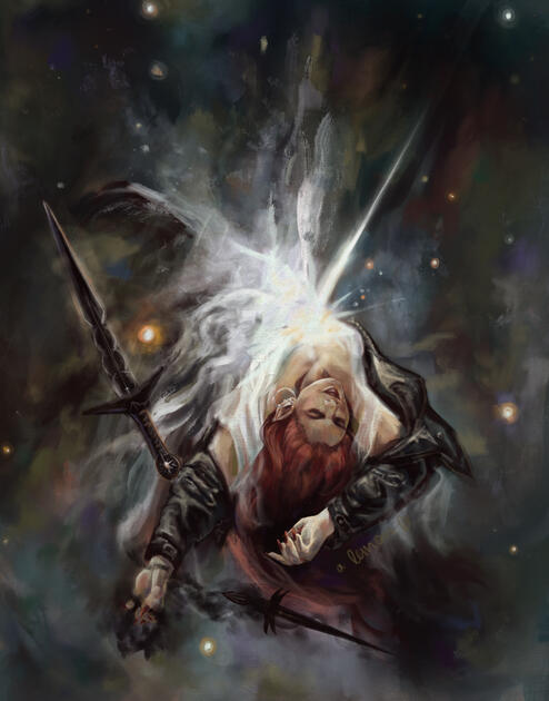 An ethereal depiction of Bryce Quinlan, Starborn, ballet enthusiast, friend collector, selfie and souvenir taker. Based off of “Falling Star” by Witold Pruszkowski (1884).