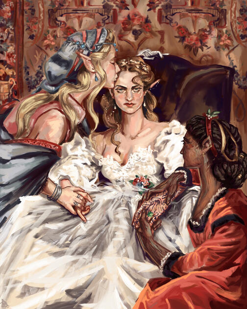 A painting of Feyre before her wedding to Tamlin. Featuring Ianthe and Alis. Based off of “The Reluctant Bride” (1866) by Auguste Toulmouche